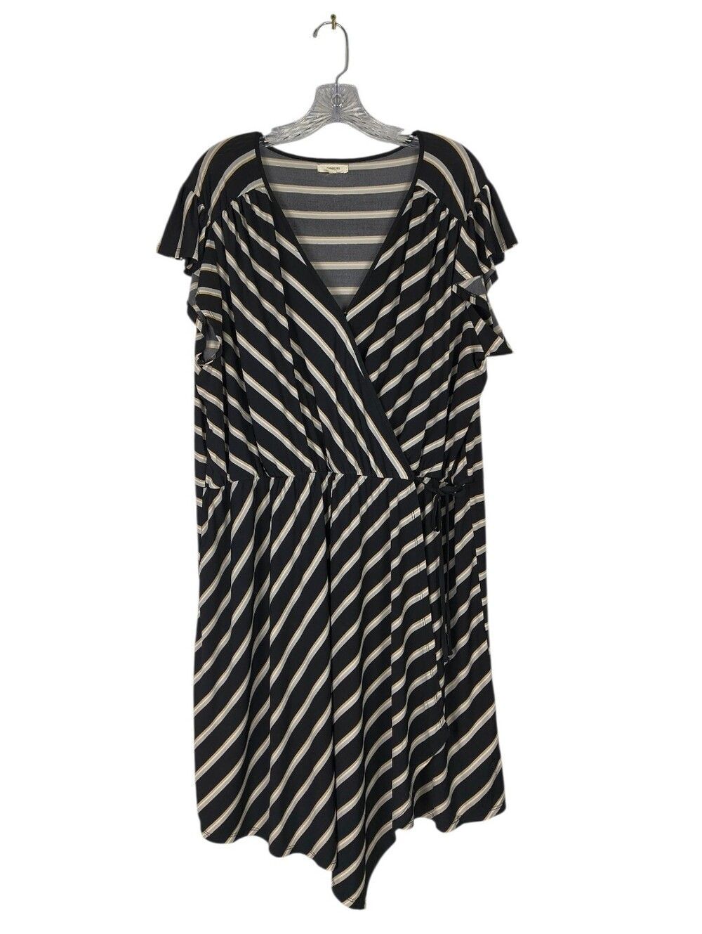Maurices Wrap Dress Women's 2X Black Tan Stripe Short Flutter Sleeve Casual